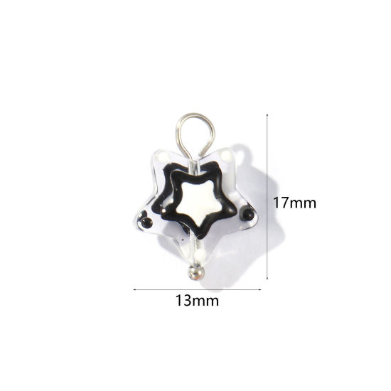 Picture of 2 PCs Eco-friendly 304 Stainless Steel & Resin Charms Wholesale Silver Tone Black Enamel Pentagram Star 17mm x 13mm