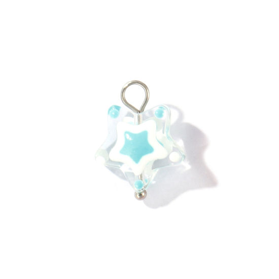 Picture of 2 PCs Eco-friendly 304 Stainless Steel & Resin Charms Wholesale Silver Tone Green Blue Enamel Pentagram Star 17mm x 13mm