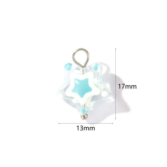 Picture of 2 PCs Eco-friendly 304 Stainless Steel & Resin Charms Wholesale Silver Tone Green Blue Enamel Pentagram Star 17mm x 13mm