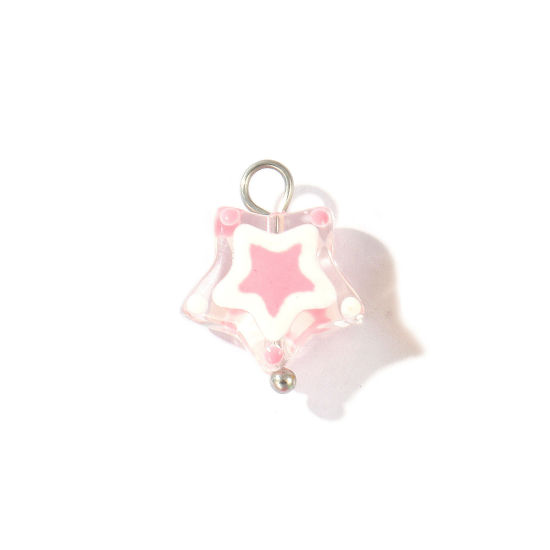 Picture of 2 PCs Eco-friendly 304 Stainless Steel & Resin Charms Wholesale Silver Tone Pink Enamel Pentagram Star 17mm x 13mm