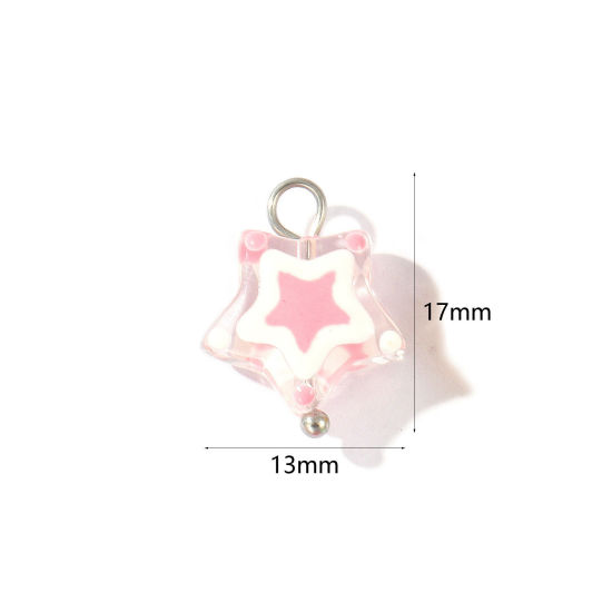 Picture of 2 PCs Eco-friendly 304 Stainless Steel & Resin Charms Wholesale Silver Tone Pink Enamel Pentagram Star 17mm x 13mm