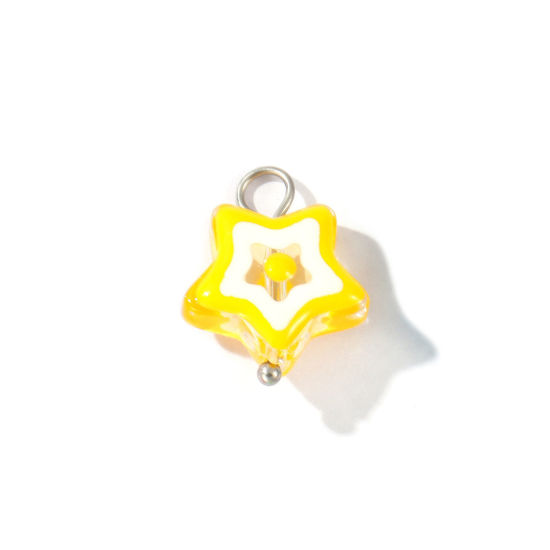 Picture of 2 PCs Eco-friendly 304 Stainless Steel & Resin Charms Wholesale Silver Tone Yellow Enamel Pentagram Star 17mm x 13mm