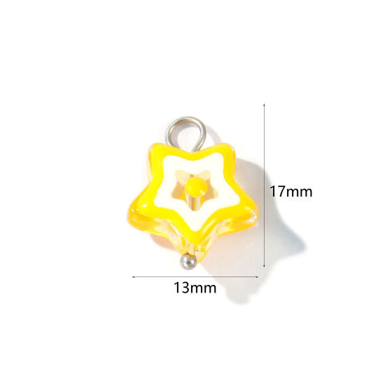 Picture of 2 PCs Eco-friendly 304 Stainless Steel & Resin Charms Wholesale Silver Tone Yellow Enamel Pentagram Star 17mm x 13mm