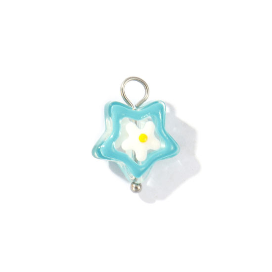 Picture of 2 PCs Eco-friendly 304 Stainless Steel & Resin Charms Wholesale Silver Tone Green Blue Enamel Pentagram Star Flower 17mm x 13mm