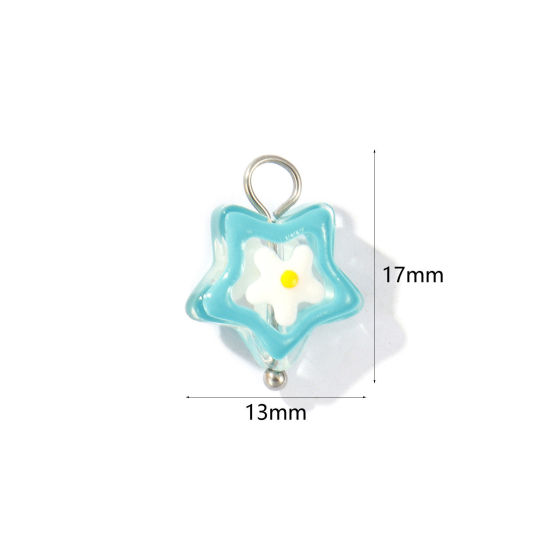 Picture of 2 PCs Eco-friendly 304 Stainless Steel & Resin Charms Wholesale Silver Tone Green Blue Enamel Pentagram Star Flower 17mm x 13mm