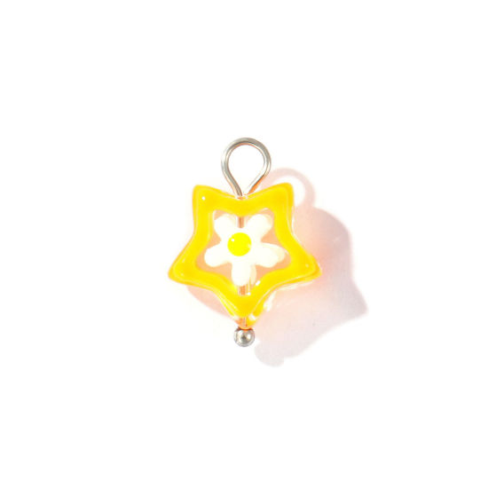 Picture of 2 PCs Eco-friendly 304 Stainless Steel & Resin Charms Wholesale Silver Tone Yellow Enamel Pentagram Star Flower 17mm x 13mm