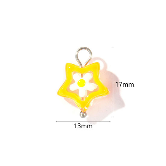 Picture of 2 PCs Eco-friendly 304 Stainless Steel & Resin Charms Wholesale Silver Tone Yellow Enamel Pentagram Star Flower 17mm x 13mm
