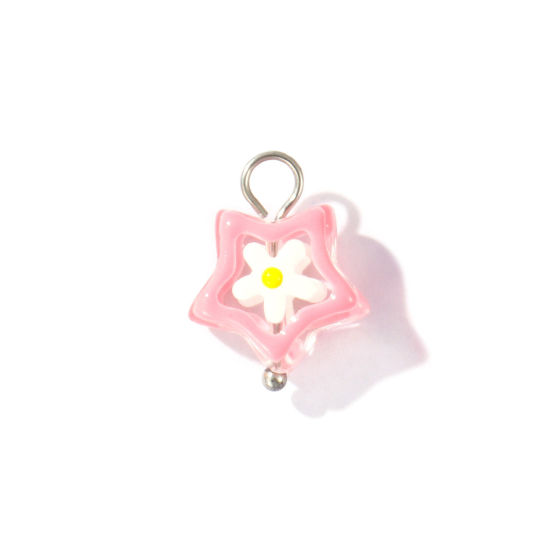 Picture of 2 PCs Eco-friendly 304 Stainless Steel & Resin Charms Wholesale Silver Tone Pink Enamel Pentagram Star Flower 17mm x 13mm