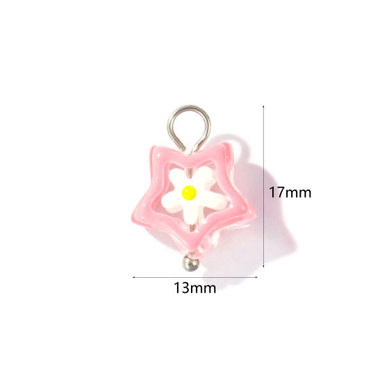 Picture of 2 PCs Eco-friendly 304 Stainless Steel & Resin Charms Wholesale Silver Tone Pink Enamel Pentagram Star Flower 17mm x 13mm