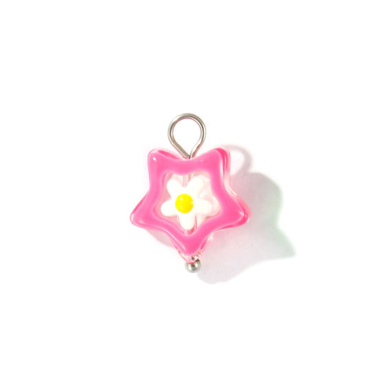 Picture of 2 PCs Eco-friendly 304 Stainless Steel & Resin Charms Wholesale Silver Tone Hot Pink Enamel Pentagram Star Flower 17mm x 13mm