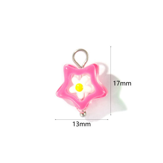 Picture of 2 PCs Eco-friendly 304 Stainless Steel & Resin Charms Wholesale Silver Tone Hot Pink Enamel Pentagram Star Flower 17mm x 13mm