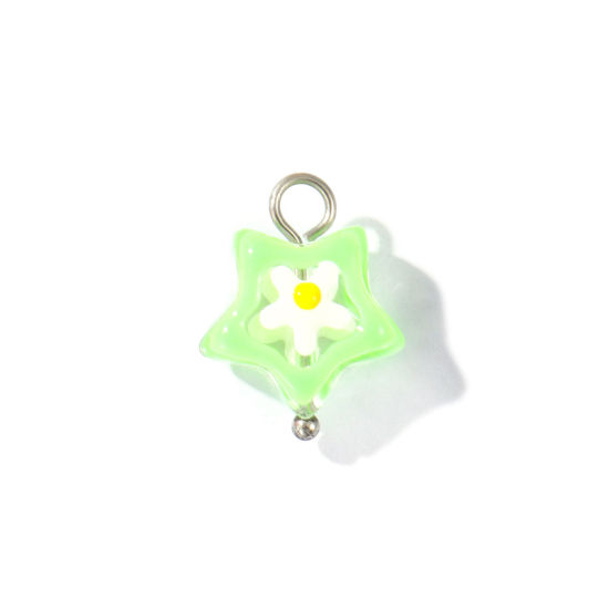 Picture of 2 PCs Eco-friendly 304 Stainless Steel & Resin Charms Wholesale Silver Tone Green Enamel Pentagram Star Flower 17mm x 13mm