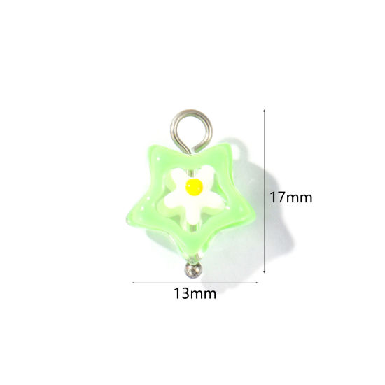 Picture of 2 PCs Eco-friendly 304 Stainless Steel & Resin Charms Wholesale Silver Tone Green Enamel Pentagram Star Flower 17mm x 13mm