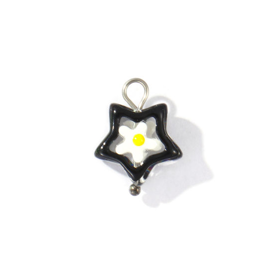 Picture of 2 PCs Eco-friendly 304 Stainless Steel & Resin Charms Wholesale Silver Tone Black Enamel Pentagram Star Flower 17mm x 13mm