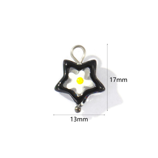 Picture of 2 PCs Eco-friendly 304 Stainless Steel & Resin Charms Wholesale Silver Tone Black Enamel Pentagram Star Flower 17mm x 13mm