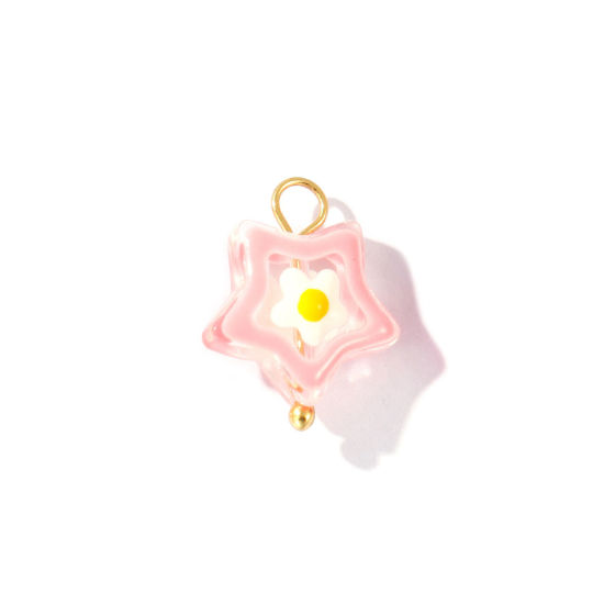 2 個 エコフレンドリー PVD 防水 耐変色性の 低アレルギー性の 304ステンレス鋼＋樹脂 チャーム 卸売り 18Kリアルゴールドメッキ ピンク エナメル 五芒星 花 17mm x 13mm、 の画像