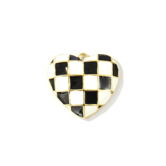 Immagine di 2 Pz Ottone San Valentino Ciondoli All'Ingrosso Placcato Oro 18K Nero & Bianco Smalto Cuore Ingraticciato 22mm x 20mm