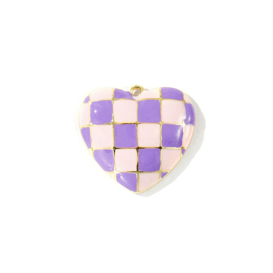 Immagine di 2 Pz Ottone San Valentino Ciondoli All'Ingrosso Placcato Oro 18K Viola & Rosa Chiaro Smalto Cuore Ingraticciato 22mm x 20mm