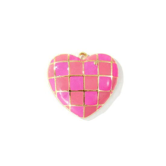 Immagine di 2 Pz Ottone San Valentino Ciondoli All'Ingrosso Placcato Oro 18K Rosa Caldo Smalto Cuore Ingraticciato 22mm x 20mm