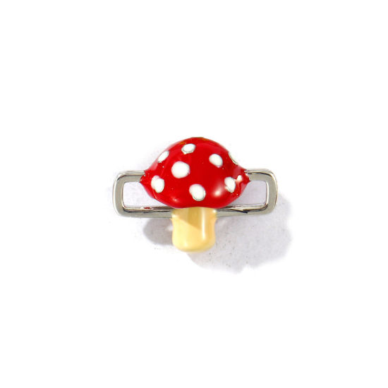 2 個 真鍮 コネクター ペンダント チャーム 卸売り プラチナメッキ 赤 エナメル キノコ 3D 20mm x 15mm、 の画像