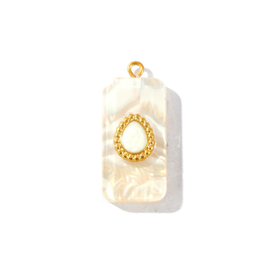 Picture of 1 Piece Eco-friendly PVD Waterproof Anti-Tarnish Hypoallergenic 304 Stainless Steel & Resin Pendants Wholesale 18K Real Gold Plated White Enamel Rectangle Drop Pearlized 3.4cm x 1.5cm
