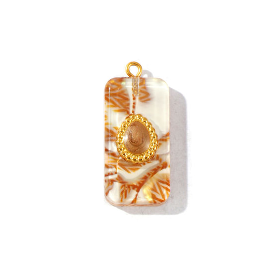 Picture of 1 Piece Eco-friendly PVD Waterproof Anti-Tarnish Hypoallergenic 304 Stainless Steel & Resin Pendants Wholesale 18K Real Gold Plated Brown Enamel Rectangle Drop Pearlized 3.4cm x 1.5cm