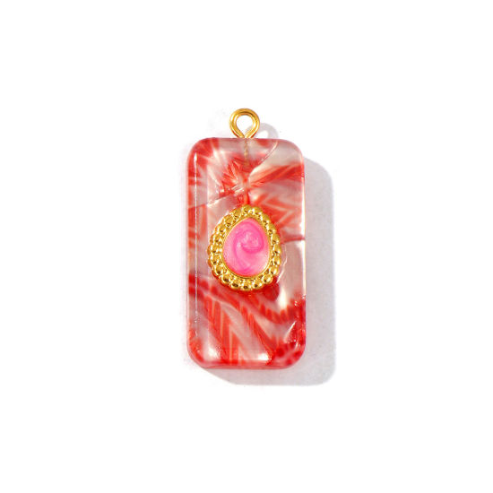 Picture of 1 Piece Eco-friendly PVD Waterproof Anti-Tarnish Hypoallergenic 304 Stainless Steel & Resin Pendants Wholesale 18K Real Gold Plated Pink Enamel Rectangle Drop Pearlized 3.4cm x 1.5cm