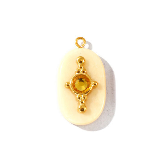 Picture of 1 Piece Eco-friendly PVD Waterproof Anti-Tarnish Hypoallergenic 304 Stainless Steel & Resin Pendants Wholesale 18K Real Gold Plated Beige Oval Glitter Yellow Rhinestone 3.2cm x 1.8cm