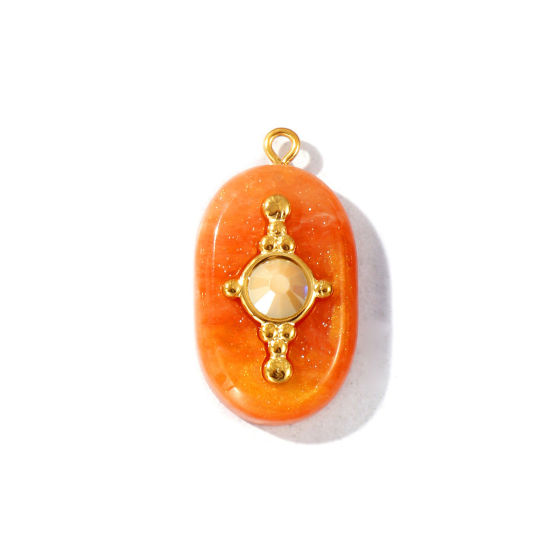 Picture of 1 Piece Eco-friendly PVD Waterproof Anti-Tarnish Hypoallergenic 304 Stainless Steel & Resin Pendants Wholesale 18K Real Gold Plated Orange Oval Glitter Creamy-White Rhinestone 3.2cm x 1.8cm