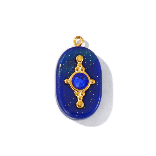 Picture of 1 Piece Eco-friendly PVD Waterproof Anti-Tarnish Hypoallergenic 304 Stainless Steel & Resin Pendants Wholesale 18K Real Gold Plated Dark Blue Oval Glitter Dark Blue Rhinestone 3.2cm x 1.8cm