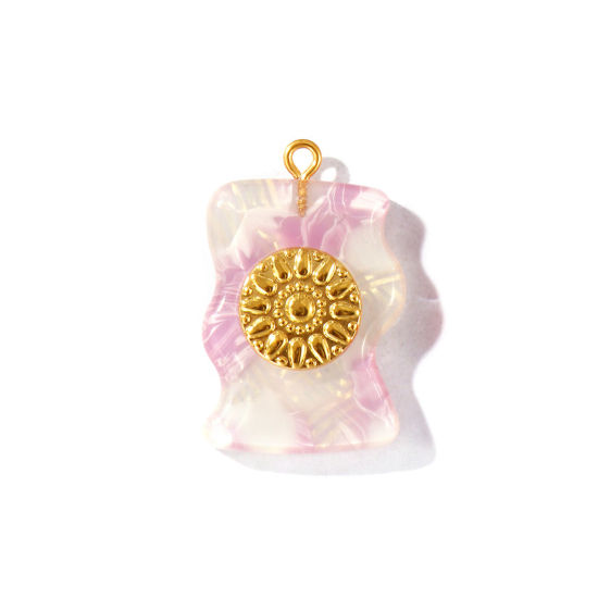 Picture of 1 Piece Eco-friendly PVD Waterproof Anti-Tarnish Hypoallergenic 304 Stainless Steel & Resin Pendants Wholesale 18K Real Gold Plated Purple Irregular Flower Gradient Color 3.2cm x 2.1cm