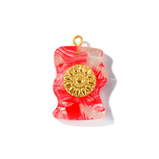Picture of 1 Piece Eco-friendly PVD Waterproof Anti-Tarnish Hypoallergenic 304 Stainless Steel & Resin Pendants Wholesale 18K Real Gold Plated Red Irregular Flower Gradient Color 3.2cm x 2.1cm