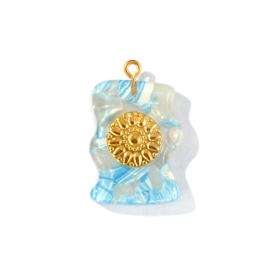 Picture of 1 Piece Eco-friendly PVD Waterproof Anti-Tarnish Hypoallergenic 304 Stainless Steel & Resin Pendants Wholesale 18K Real Gold Plated Blue Irregular Flower Gradient Color 3.2cm x 2.1cm