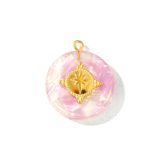 1 個 エコフレンドリー PVD 防水 耐変色性の 低アレルギー性の 304ステンレス鋼＋樹脂 チャーム 卸売り 18Kリアルゴールドメッキ 紫 円形 スター グラデーションカラー 29mm x 25mm、 の画像