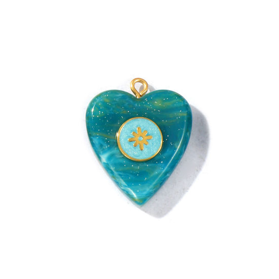 1 個 エコフレンドリー PVD 防水 耐変色性の 低アレルギー性の 304ステンレス鋼＋樹脂 バレンタイン・デー チャーム 卸売り 18Kリアルゴールドメッキ 緑青 エナメル ハート スター 光沢ある 28mm x 22.5mm、 の画像