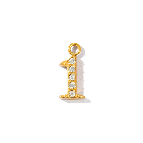 Imagen de 2 Unidades PVD Ecológico 304 Acero Inoxidable Colgantes Al Por Mayor Chapado en Oro de 18K Mensaje " 1 " Micro Pave Transparente Rhinestone 13mm x 6mm