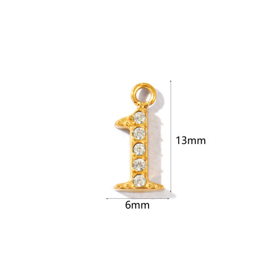 Imagen de 2 Unidades PVD Ecológico 304 Acero Inoxidable Colgantes Al Por Mayor Chapado en Oro de 18K Mensaje " 1 " Micro Pave Transparente Rhinestone 13mm x 6mm