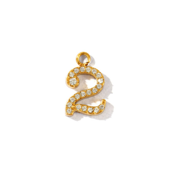 Imagen de 2 Unidades PVD Ecológico 304 Acero Inoxidable Colgantes Al Por Mayor Chapado en Oro de 18K Mensaje " 2 " Micro Pave Transparente Rhinestone 13mm x 8.5mm
