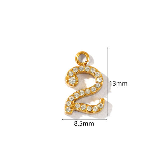 Imagen de 2 Unidades PVD Ecológico 304 Acero Inoxidable Colgantes Al Por Mayor Chapado en Oro de 18K Mensaje " 2 " Micro Pave Transparente Rhinestone 13mm x 8.5mm