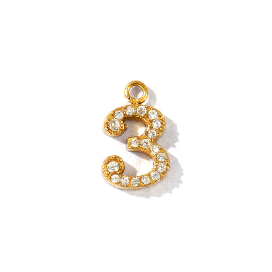 Imagen de 2 Unidades PVD Ecológico 304 Acero Inoxidable Colgantes Al Por Mayor Chapado en Oro de 18K Mensaje " 3 " Micro Pave Transparente Rhinestone 14mm x 8.5mm