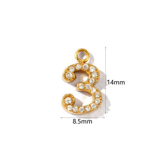 Imagen de 2 Unidades PVD Ecológico 304 Acero Inoxidable Colgantes Al Por Mayor Chapado en Oro de 18K Mensaje " 3 " Micro Pave Transparente Rhinestone 14mm x 8.5mm