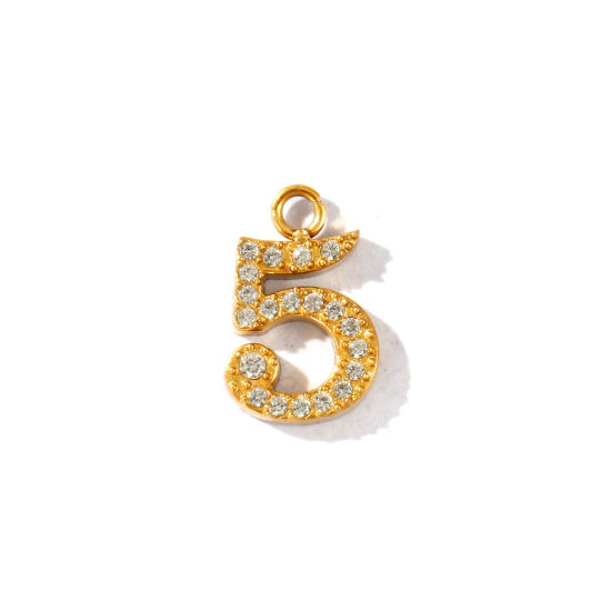 Imagen de 2 Unidades PVD Ecológico 304 Acero Inoxidable Colgantes Al Por Mayor Chapado en Oro de 18K Mensaje " 5 " Micro Pave Transparente Rhinestone 13mm x 8mm