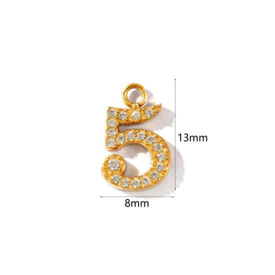 Imagen de 2 Unidades PVD Ecológico 304 Acero Inoxidable Colgantes Al Por Mayor Chapado en Oro de 18K Mensaje " 5 " Micro Pave Transparente Rhinestone 13mm x 8mm