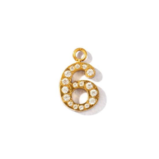 Imagen de 2 Unidades PVD Ecológico 304 Acero Inoxidable Colgantes Al Por Mayor Chapado en Oro de 18K Mensaje " 6 " Micro Pave Transparente Rhinestone 14mm x 8.5mm