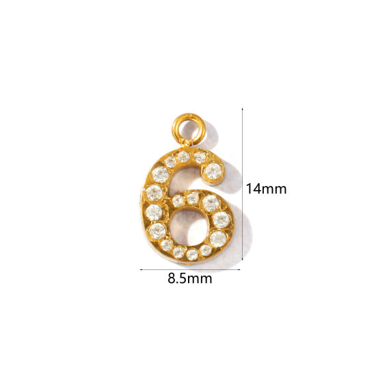 Imagen de 2 Unidades PVD Ecológico 304 Acero Inoxidable Colgantes Al Por Mayor Chapado en Oro de 18K Mensaje " 6 " Micro Pave Transparente Rhinestone 14mm x 8.5mm