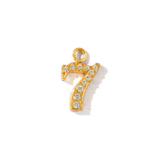 Imagen de 2 Unidades PVD Ecológico 304 Acero Inoxidable Colgantes Al Por Mayor Chapado en Oro de 18K Mensaje " 7 " Micro Pave Transparente Rhinestone 13mm x 8mm