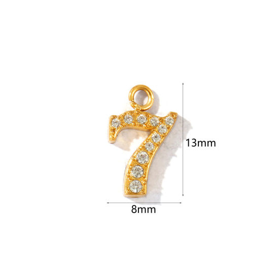 Imagen de 2 Unidades PVD Ecológico 304 Acero Inoxidable Colgantes Al Por Mayor Chapado en Oro de 18K Mensaje " 7 " Micro Pave Transparente Rhinestone 13mm x 8mm