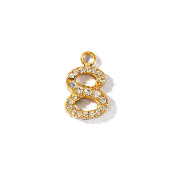 Imagen de 2 Unidades PVD Ecológico 304 Acero Inoxidable Colgantes Al Por Mayor Chapado en Oro de 18K Mensaje " 8 " Micro Pave Transparente Rhinestone 14mm x 9mm