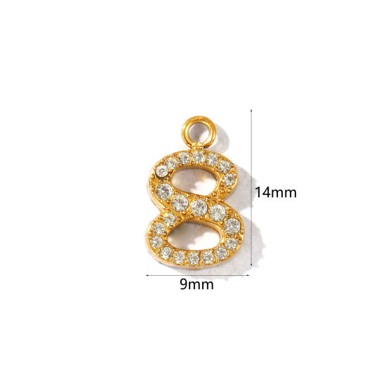 Imagen de 2 Unidades PVD Ecológico 304 Acero Inoxidable Colgantes Al Por Mayor Chapado en Oro de 18K Mensaje " 8 " Micro Pave Transparente Rhinestone 14mm x 9mm