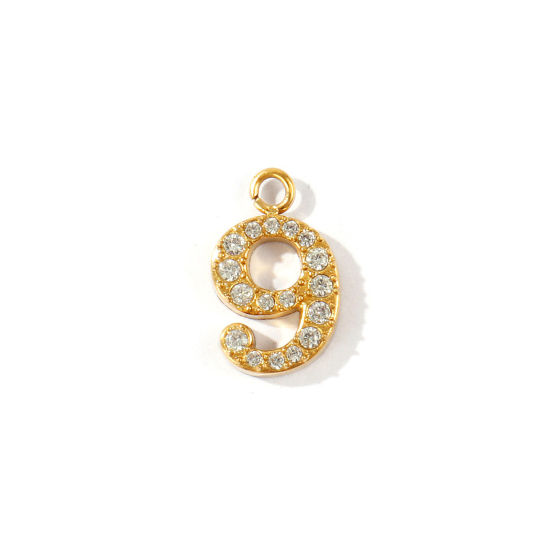Imagen de 2 Unidades PVD Ecológico 304 Acero Inoxidable Colgantes Al Por Mayor Chapado en Oro de 18K Mensaje " 9 " Micro Pave Transparente Rhinestone 14mm x 8.5mm